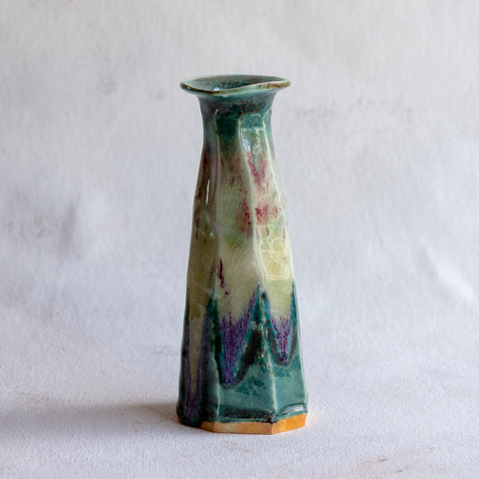 Wood Fire Porcelain Triangle Faceted Vase with Oribe, Ash, Oxblood Glazes with Kintsugi detail WF7