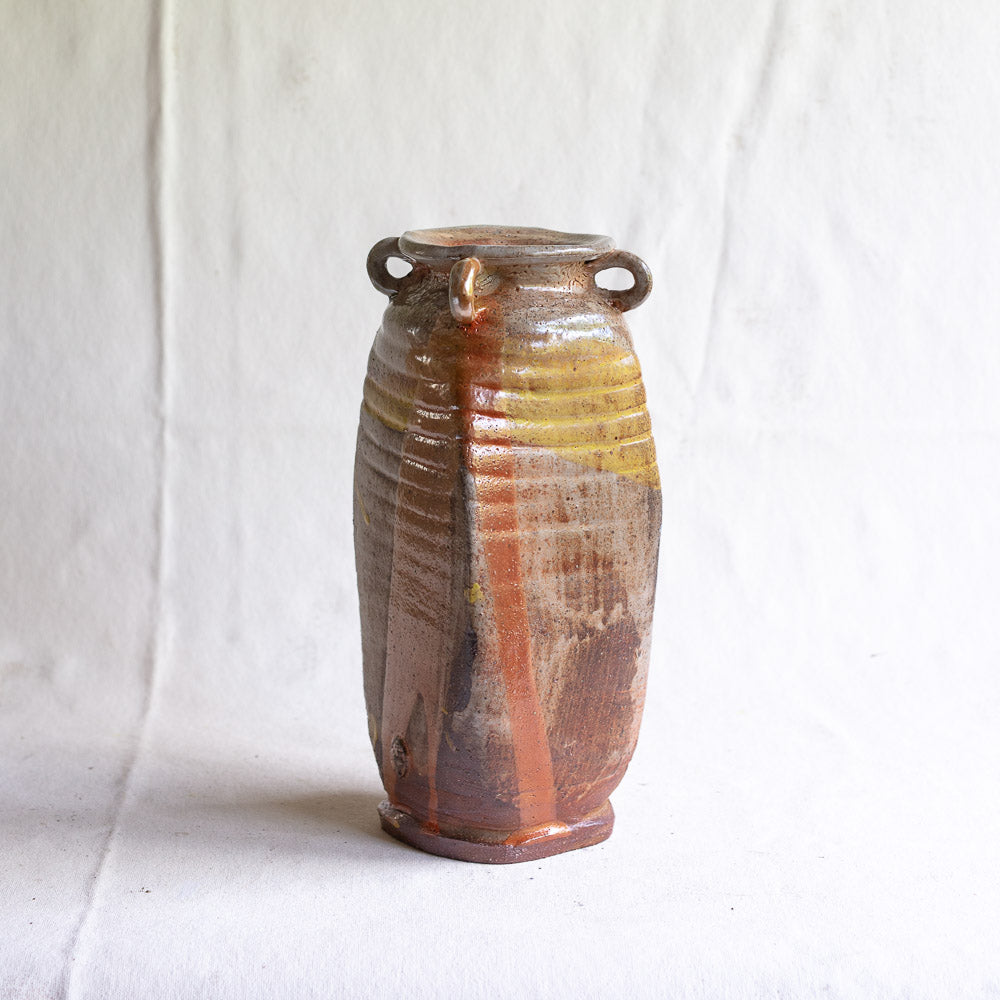 Wood Fire Red Stoneware Square Vase with four small handles with Shino Glaze and Flashing Slip FP15