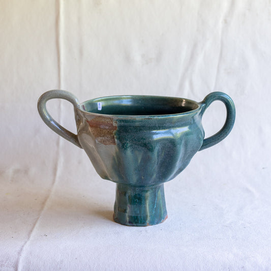 Wood Fire White Stoneware Pedestal Bowl with Two Large Handles with Oribe, Ash and Oxblood Glazes FP22