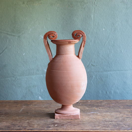Terracotta Urn on Square Pedestal Curly Handles #0572
