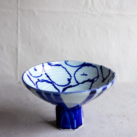 High Fire Translucent Porcelain Pedestal Bowl with Cobalt Painting  12-A