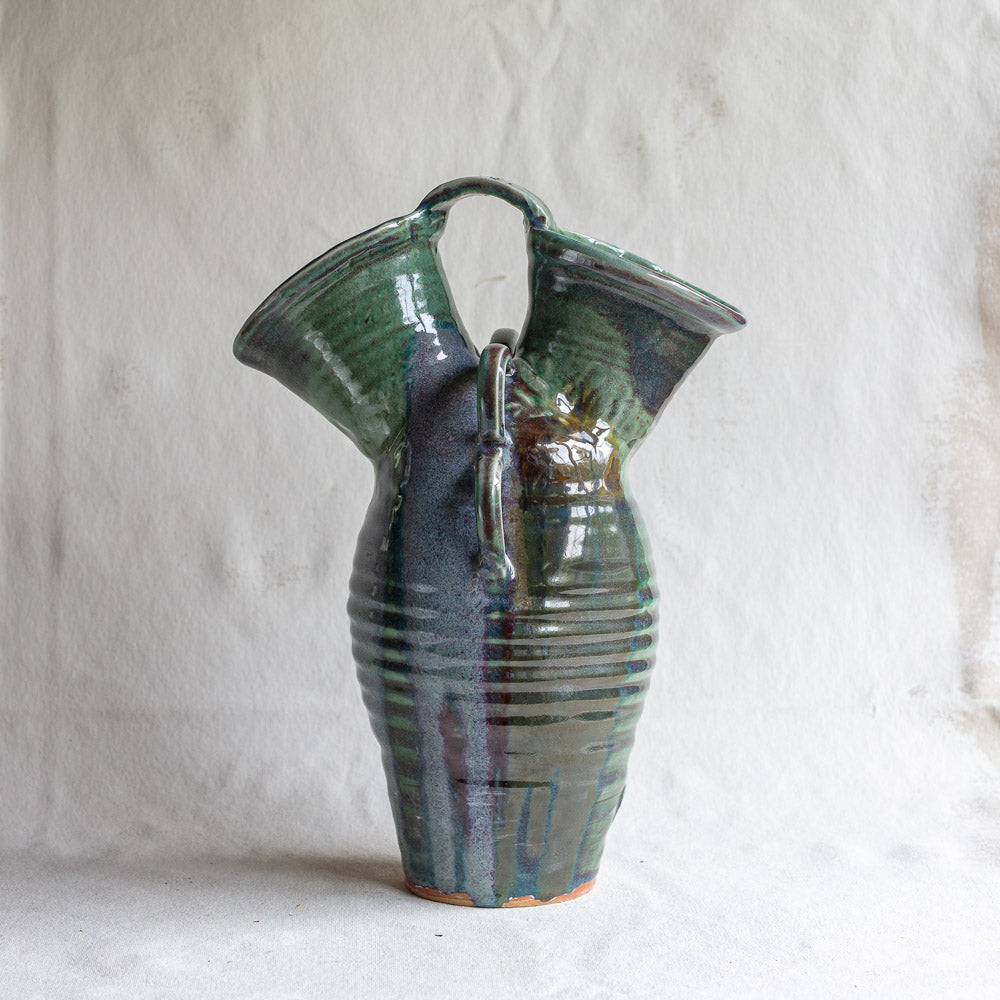 Wood Fire White Stoneware Vase with Oribe, Kaki and Oxblood Glazes FP07