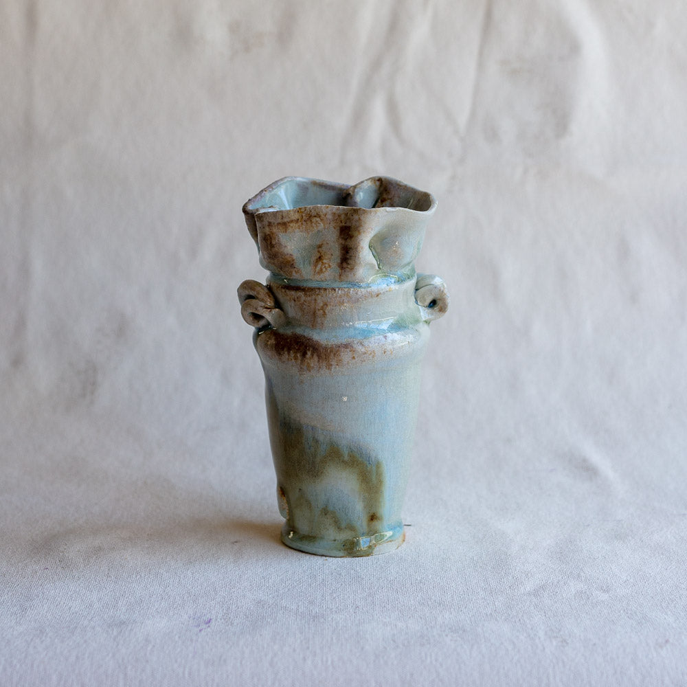 Wood Fire Porcelain Ruffle Top Vase with Ash and Kaki Glazes FP40